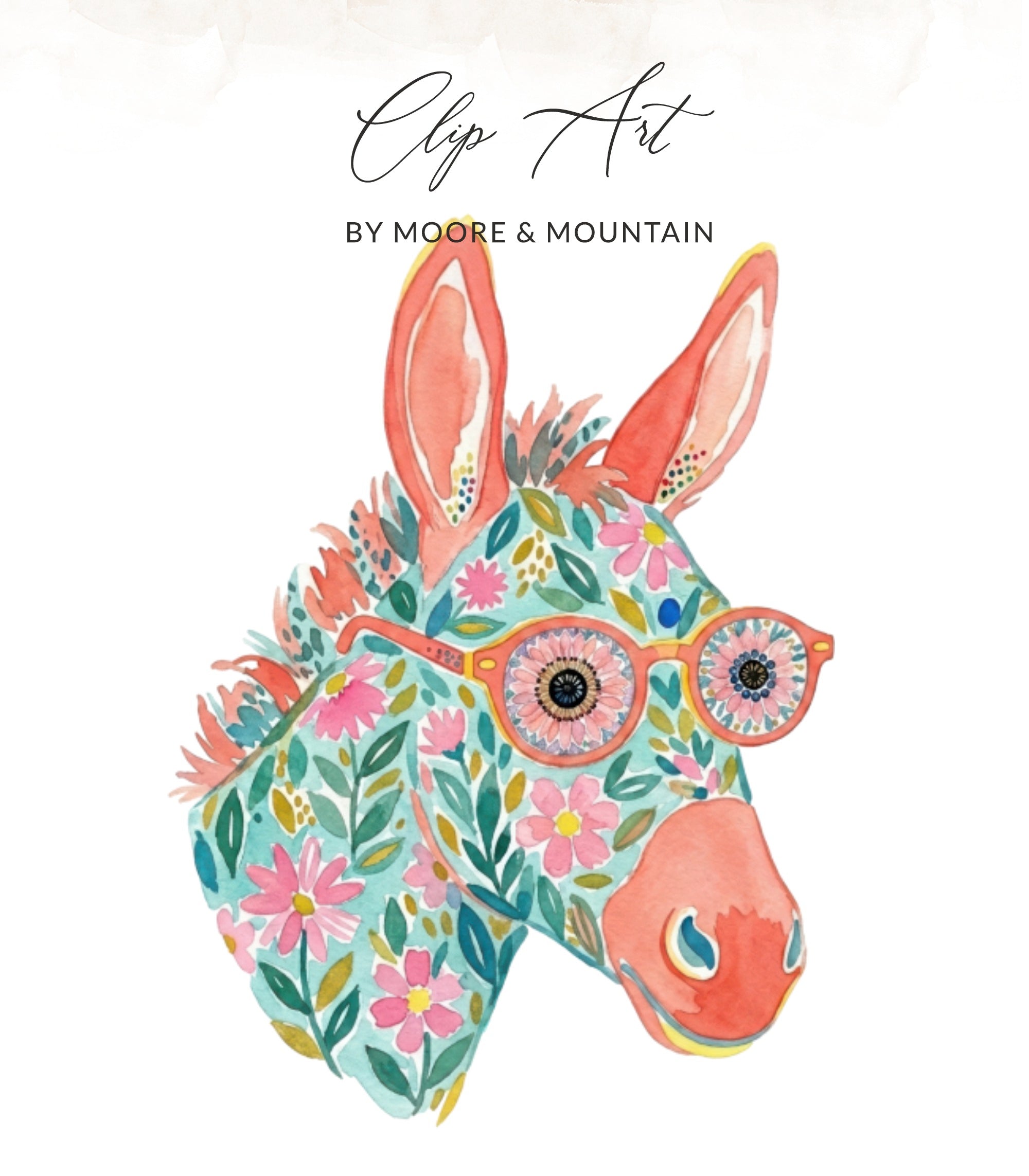 Watercolor donkey head with floral pattern and glasses, "Clip Art" and "BY MOORE & MOUNTAIN" text.