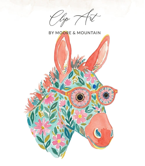 Watercolor donkey head with floral pattern and glasses, "Clip Art" and "BY MOORE & MOUNTAIN" text.