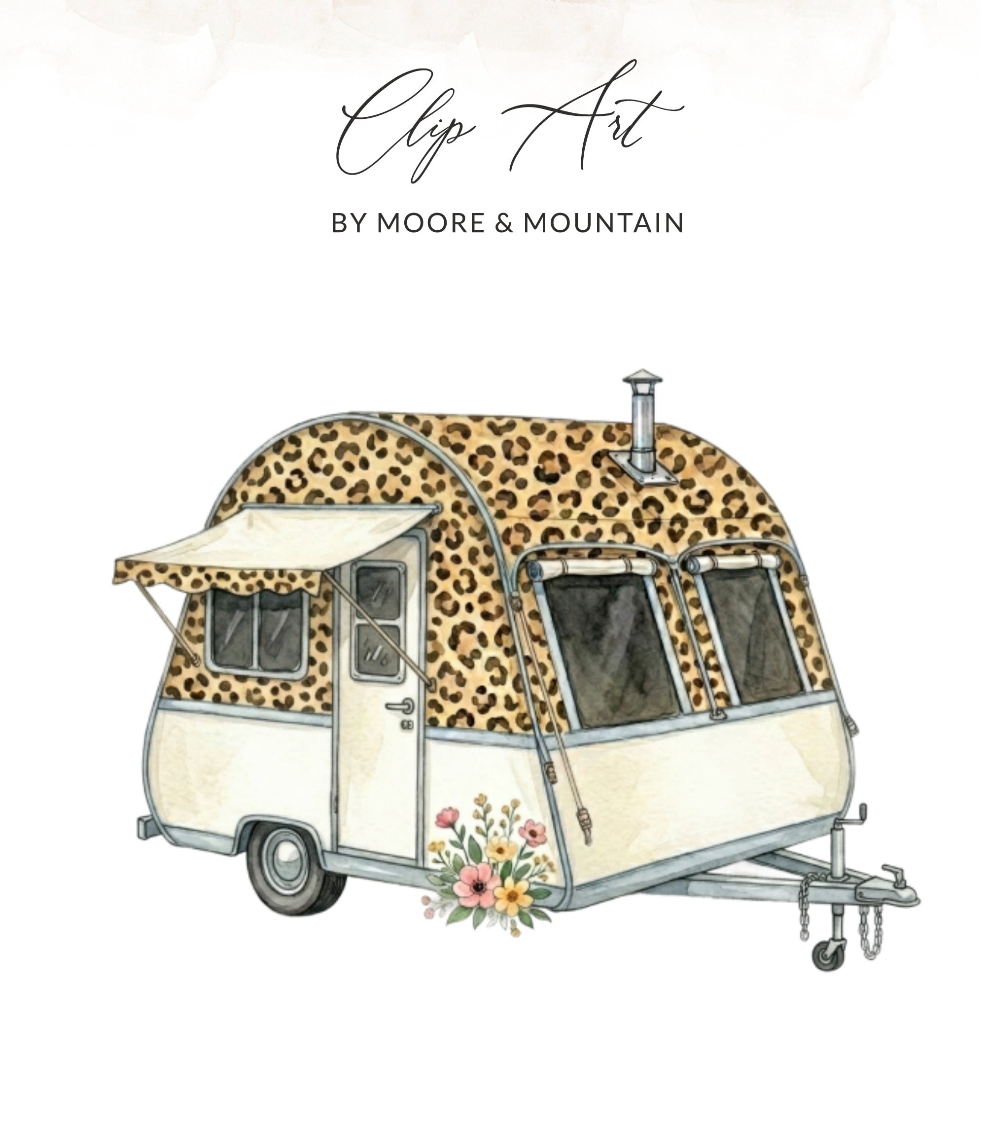 Retro camper with leopard print and floral accents.