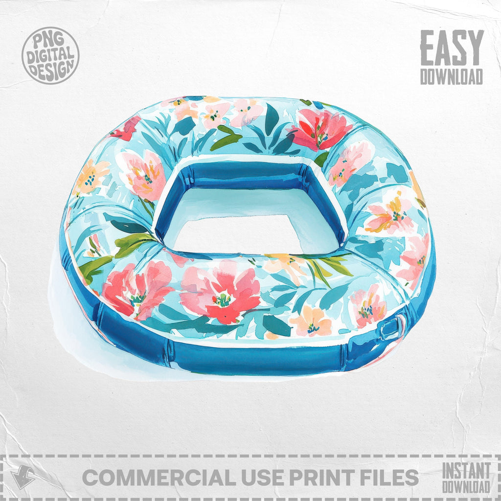 Blue inflatable pool float with a floral pattern of pink and red flowers.