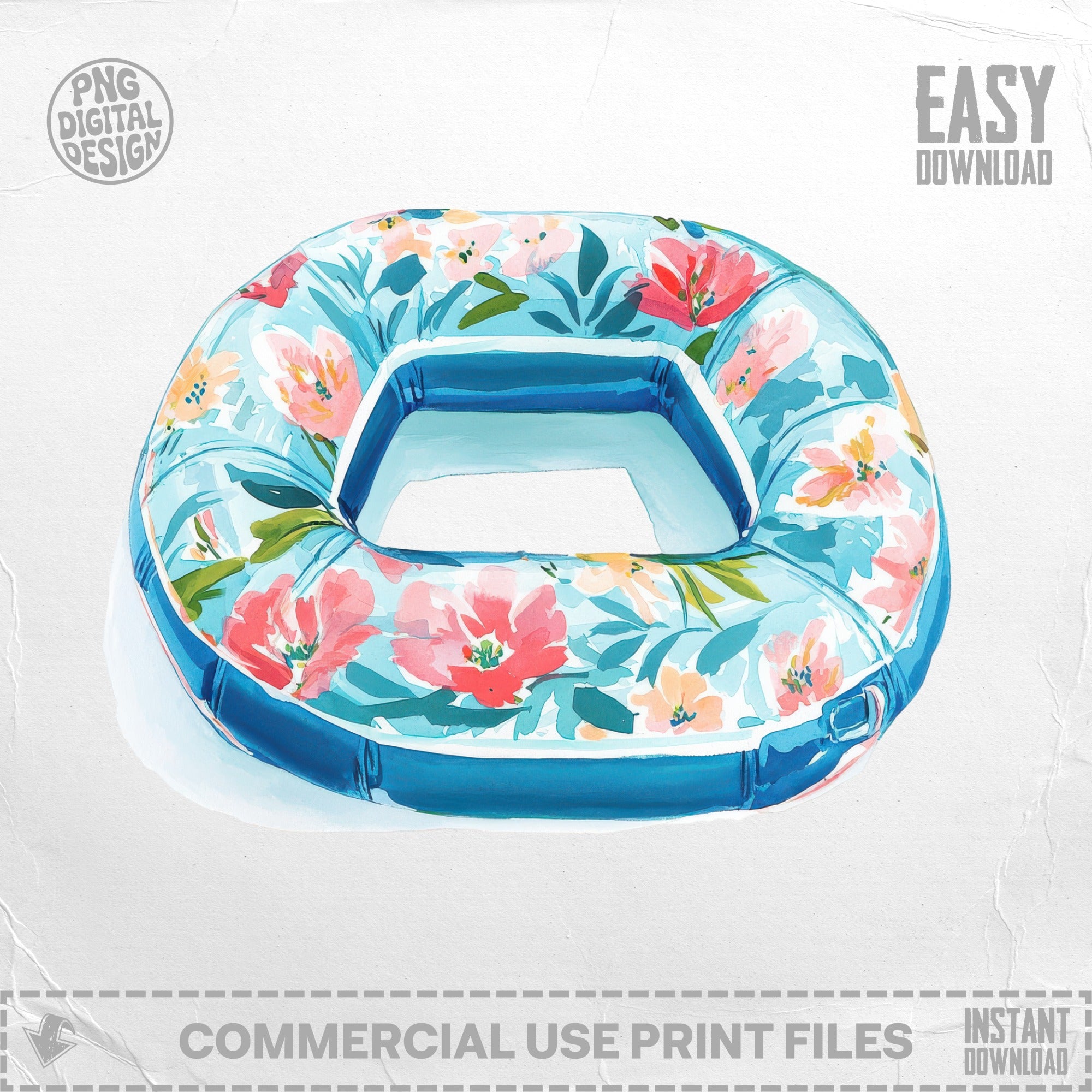 Blue inflatable pool float with a floral pattern of pink and red flowers.