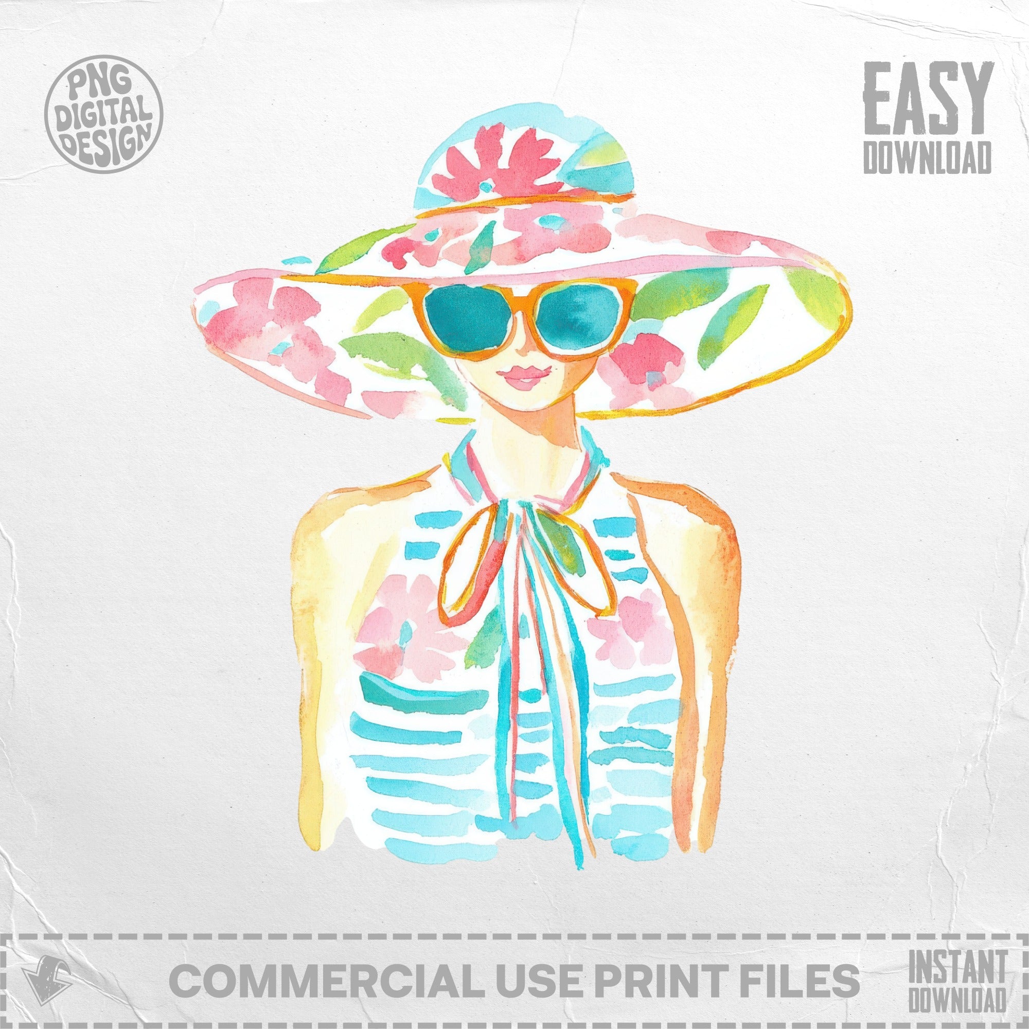 Watercolor illustration of woman in sunhat and sunglasses with floral pattern.