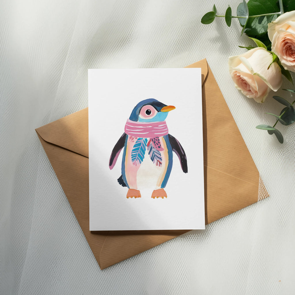 Watercolor penguin wearing a pink scarf on a card with an envelope.