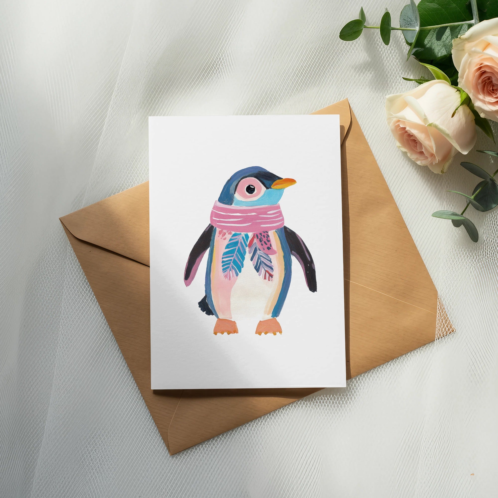 Watercolor penguin wearing a pink scarf on a card with an envelope.