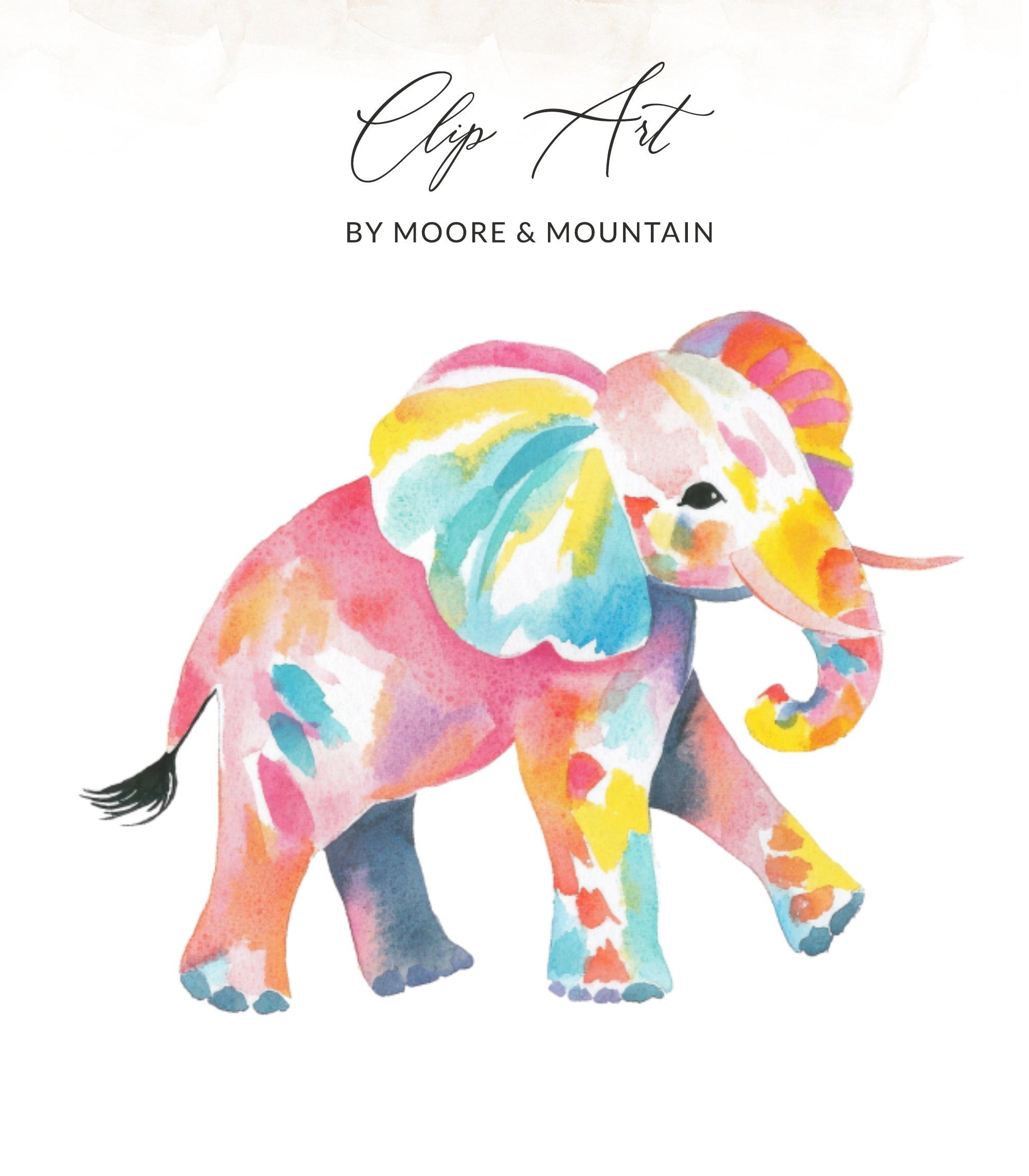 Watercolor elephant with rainbow-colored ears and trunk.