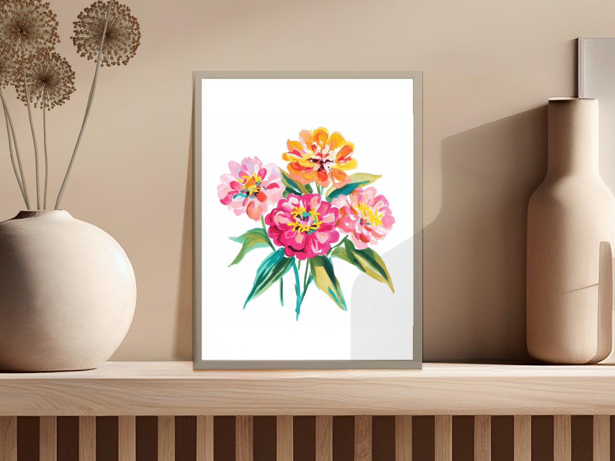 Watercolor painting of pink and yellow flowers in a vase on a shelf.