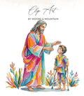 Jesus in a colorful robe gently touches a boy on crutches.