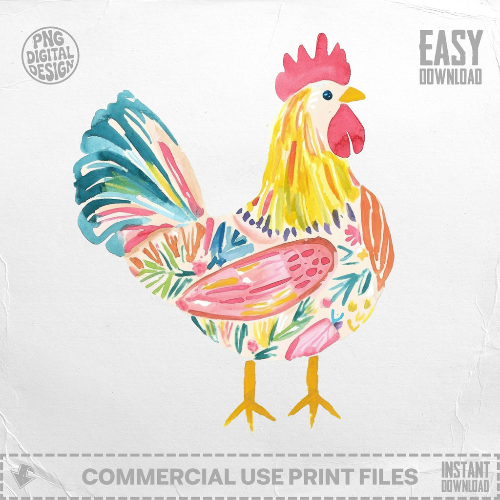 Watercolor rooster with floral patterns, "Easy Download" text.