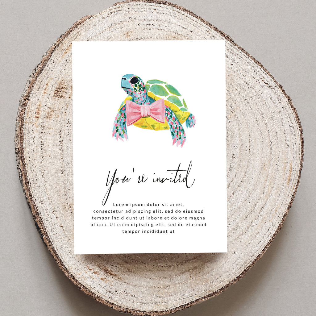 Turtle invitation with text "You're invited" and placeholder lorem ipsum.