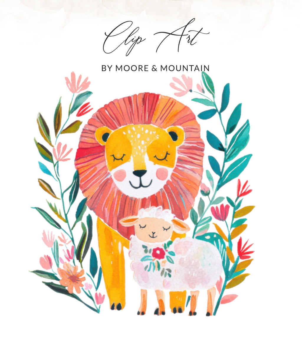 Watercolor lion and lamb illustration with floral accents and "Clip Art by Moore & Mountain" text.