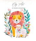 Watercolor lion and lamb illustration with floral accents and "Clip Art by Moore & Mountain" text.