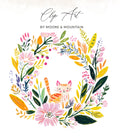 Floral wreath with a cartoon cat in the center, text "Clip Art" above.