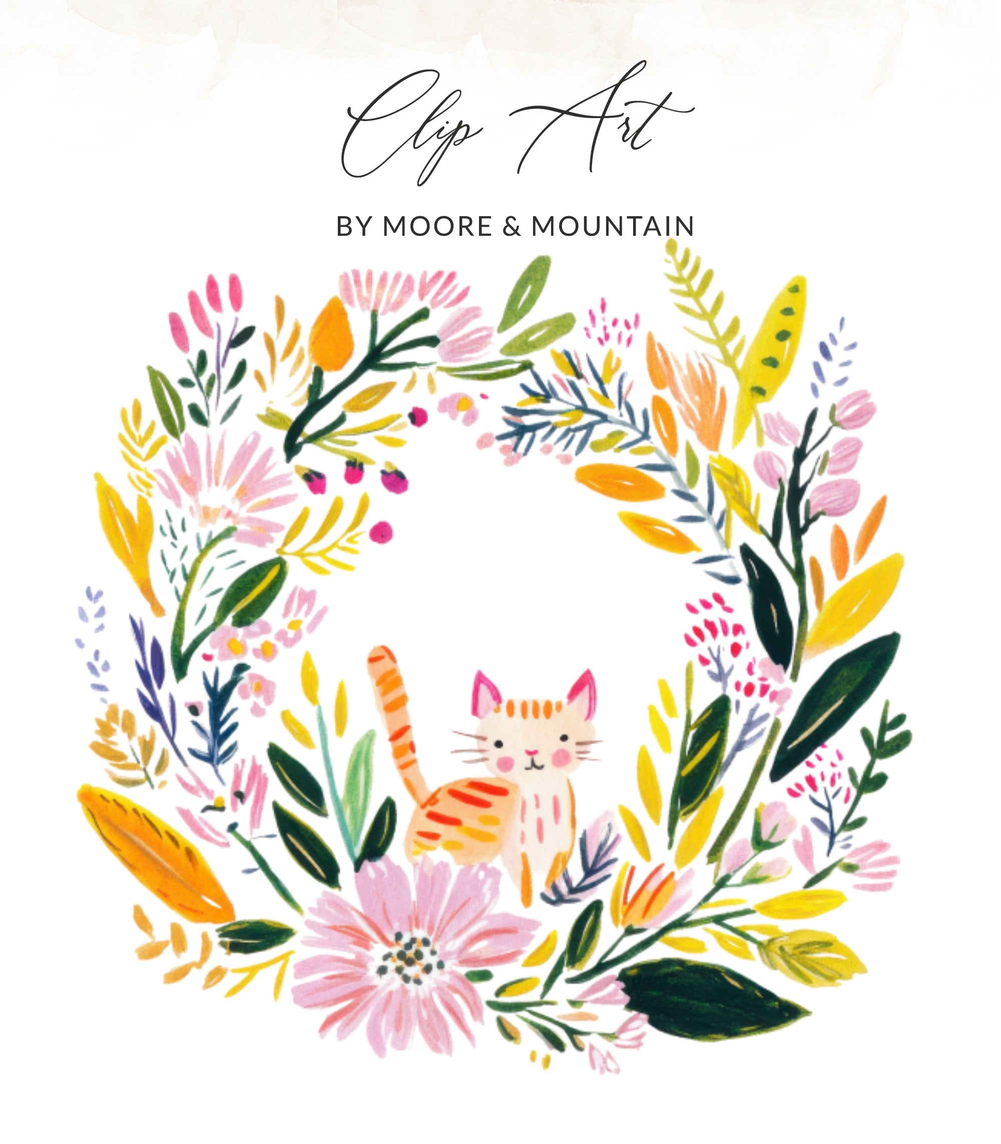 Floral wreath with a cartoon cat in the center, text "Clip Art" above.
