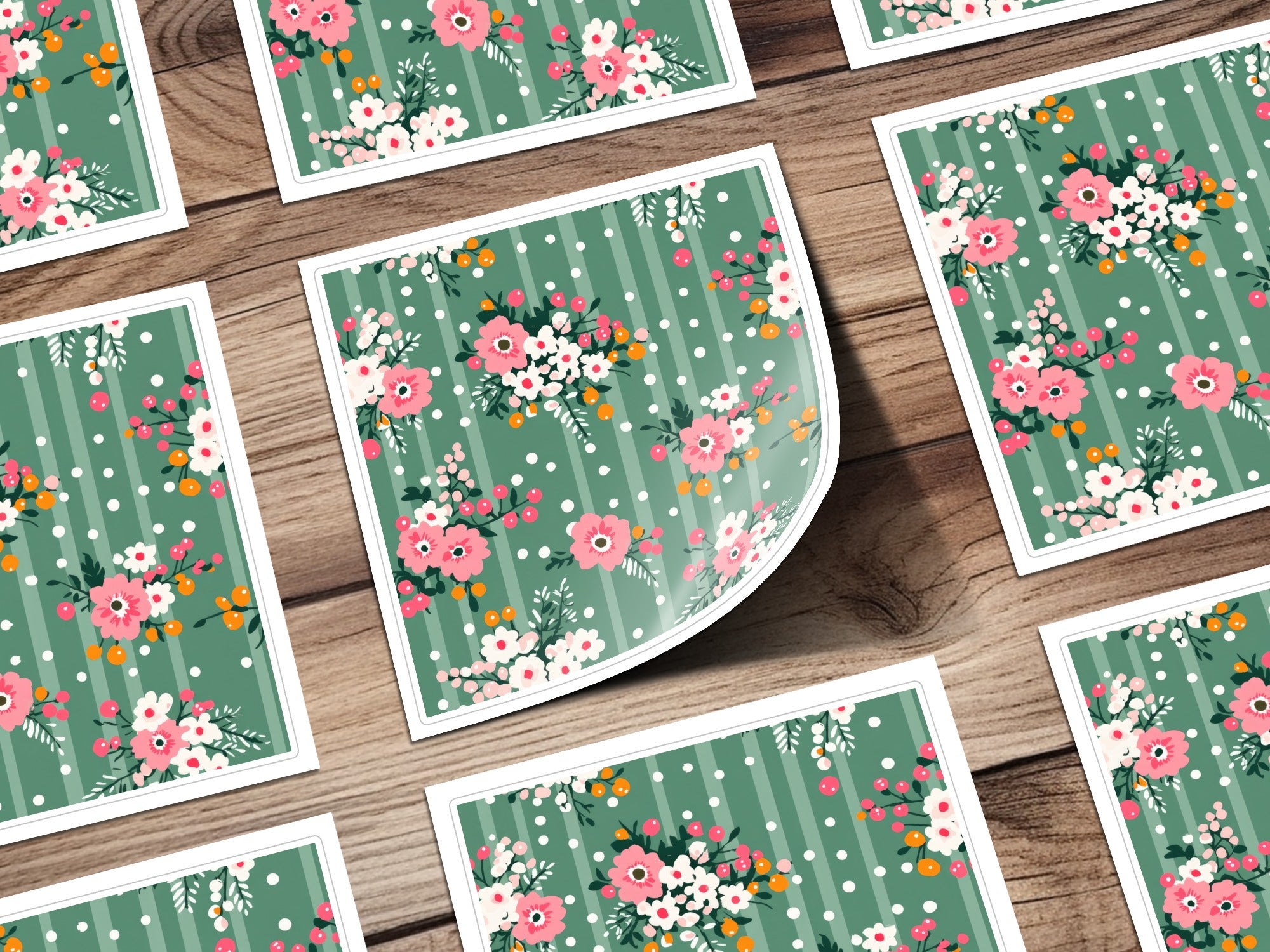 Green Floral Striped Pattern with Flower Design Stickers