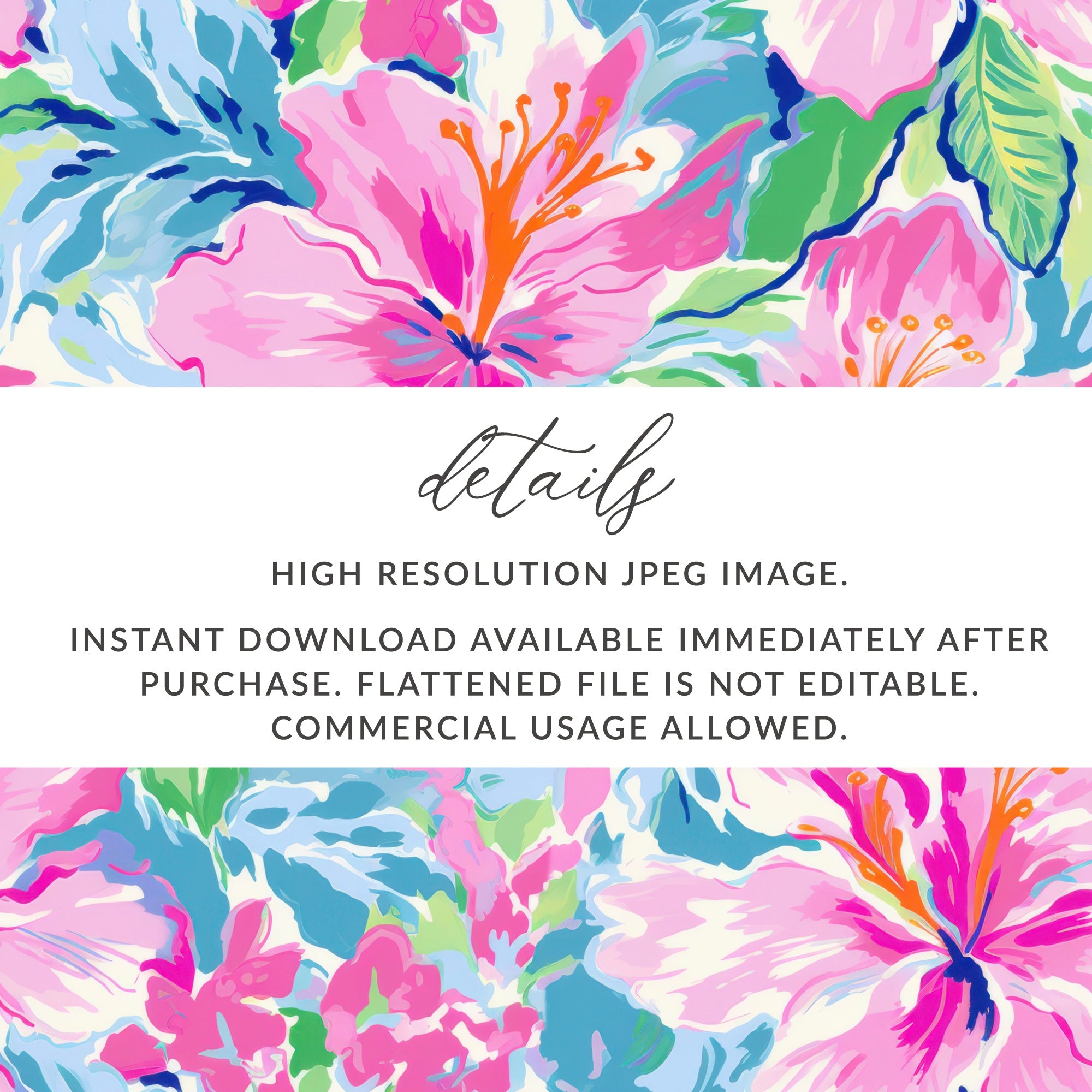 Floral print with text about high resolution JPEG and download details.