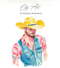 Watercolor illustration of a man in a cowboy hat and denim vest.