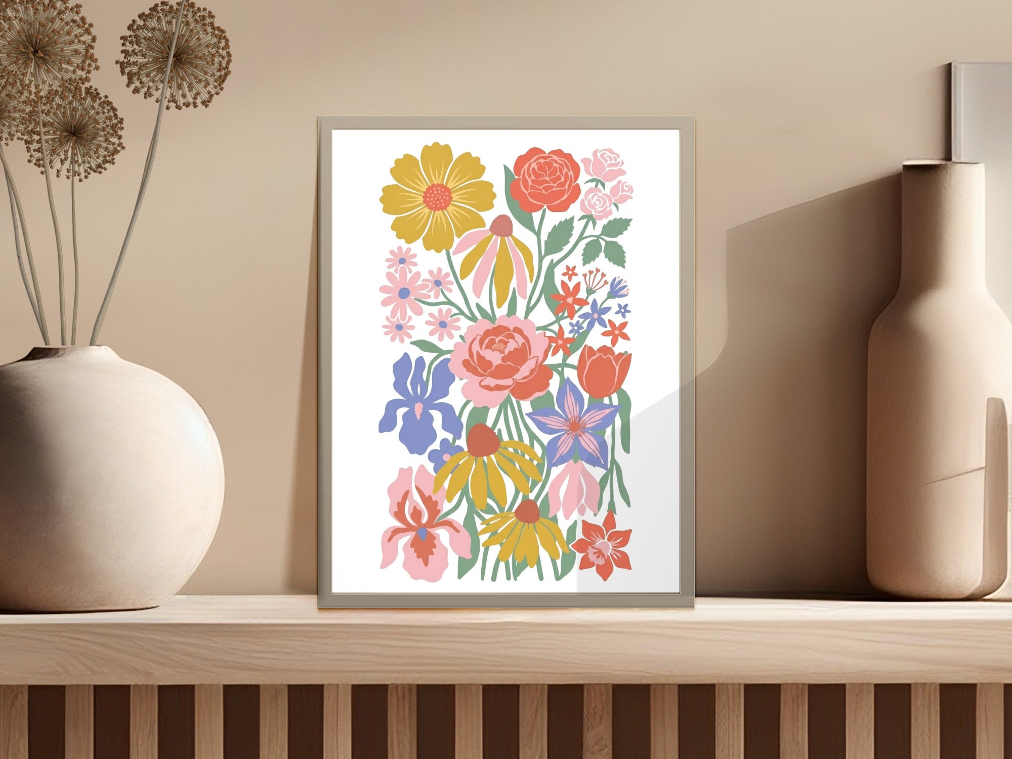 Framed floral illustration with pink, yellow, and blue flowers.