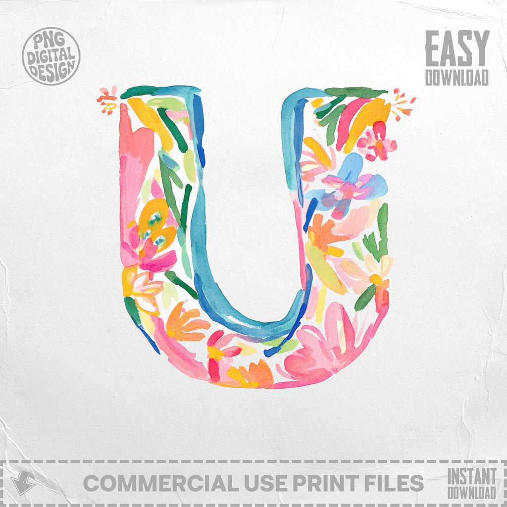 Letter U painted with bright pink, blue, and green floral watercolor design.