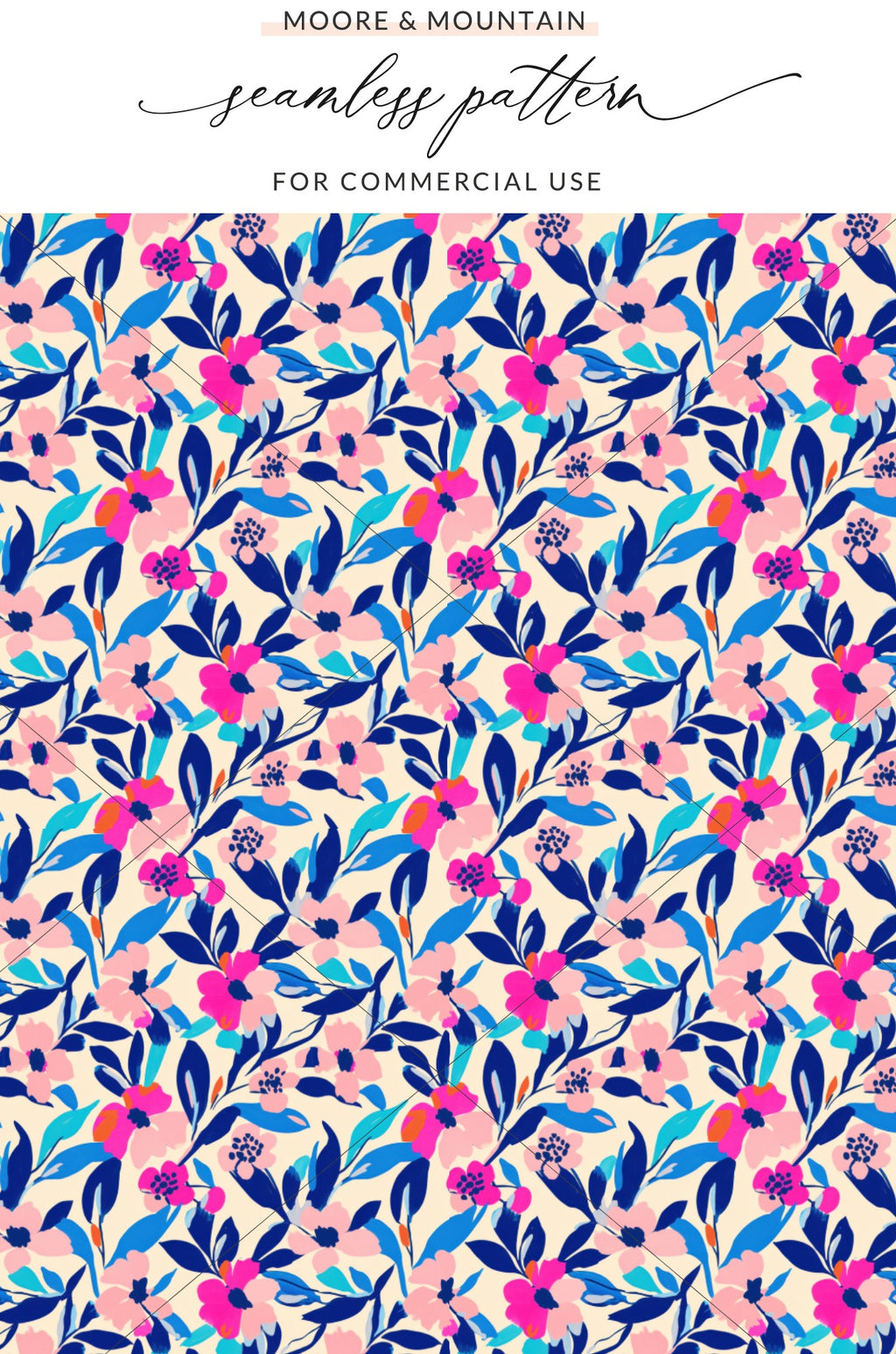 Seamless pattern with pink flowers and blue leaves on cream background.