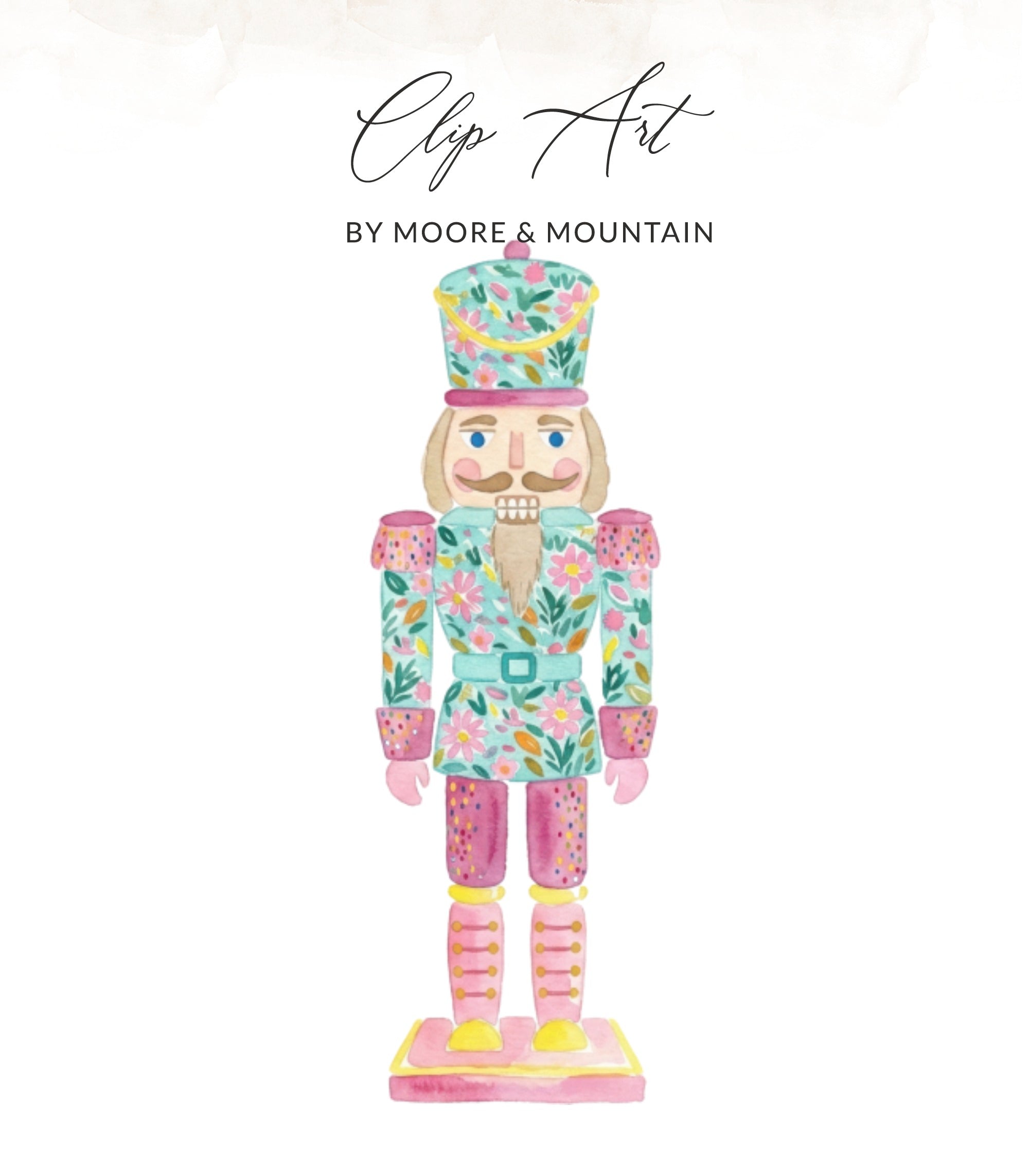 Watercolor nutcracker with floral pattern and text "Clip Art BY MOORE & MOUNTAIN".