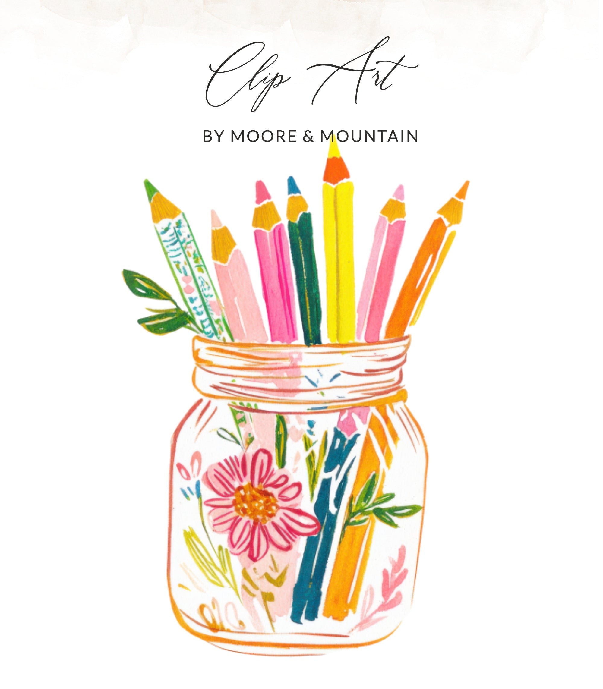 Jar of colorful pencils with floral accents and "Clip Art" text.