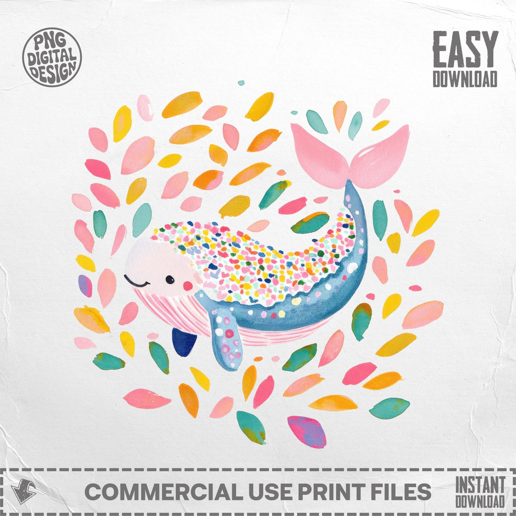 Whimsical whale illustration with colorful confetti surrounded by abstract shapes.