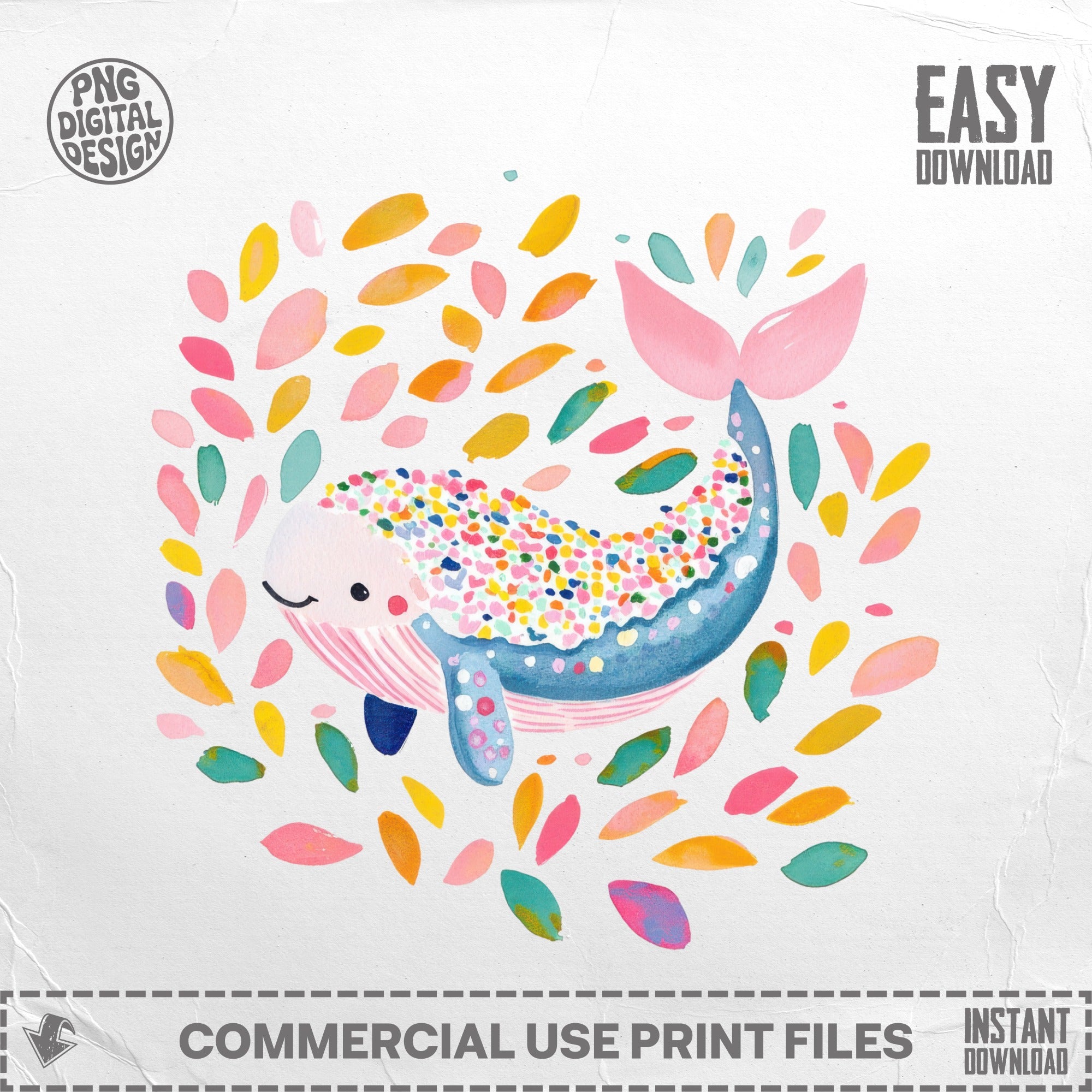 Whimsical whale illustration with colorful confetti surrounded by abstract shapes.