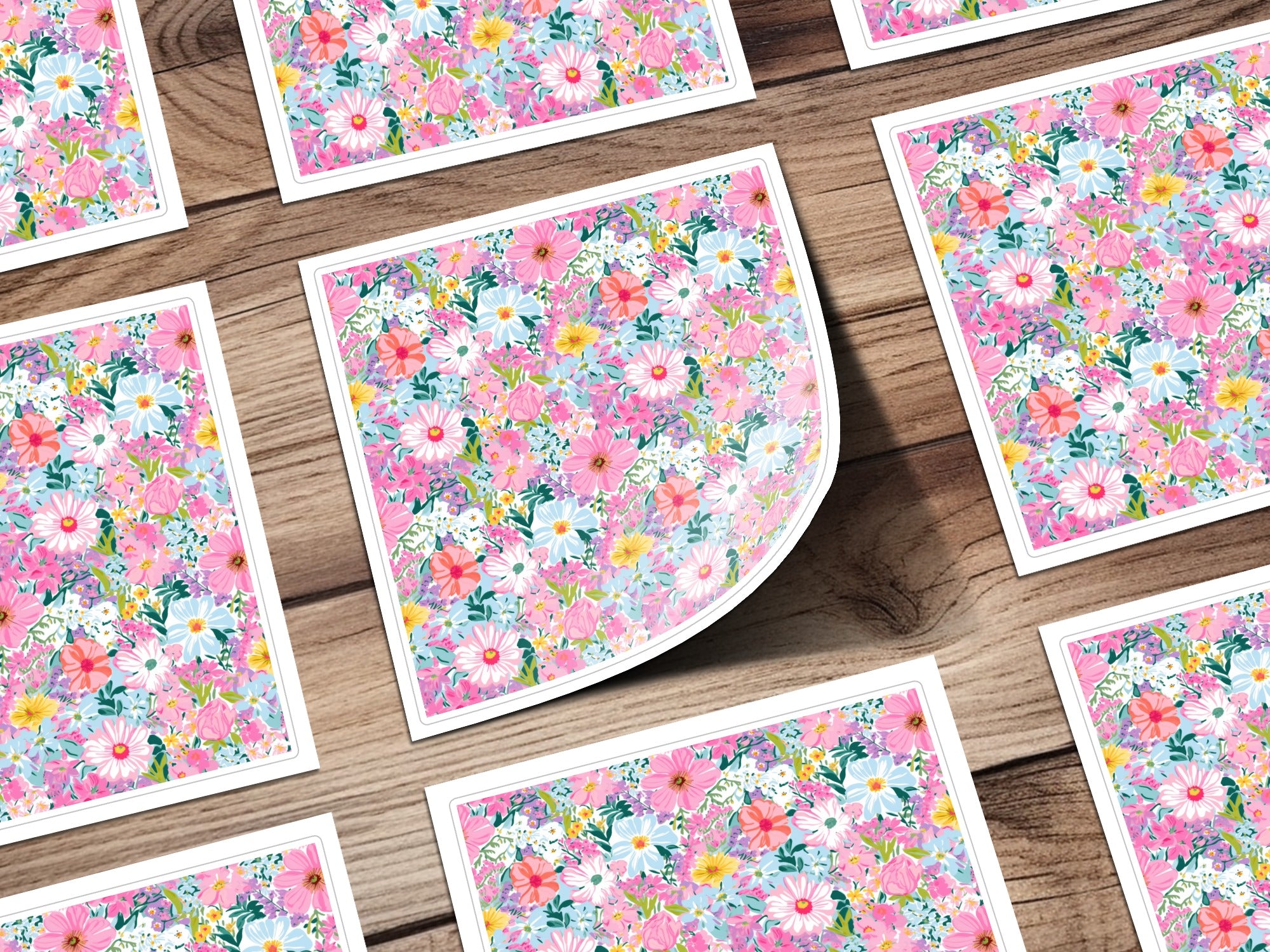 Bright Colorful Floral Pattern on Wood Sticker Sheets