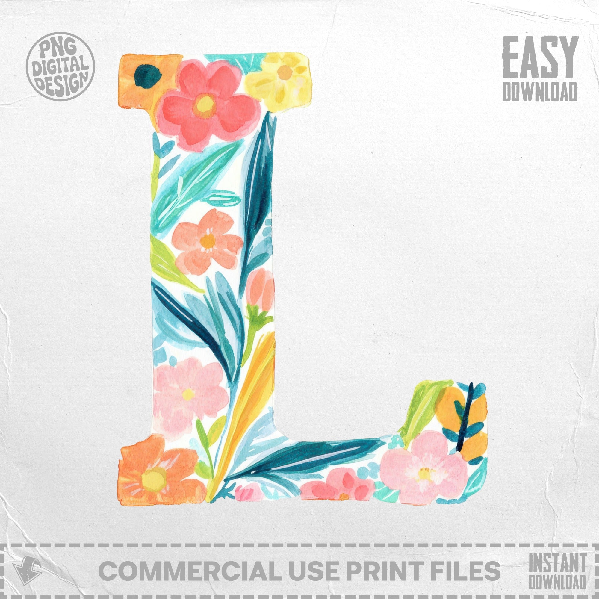 Watercolor floral letter L with "Easy Download" and "Commercial Use Print Files" text.