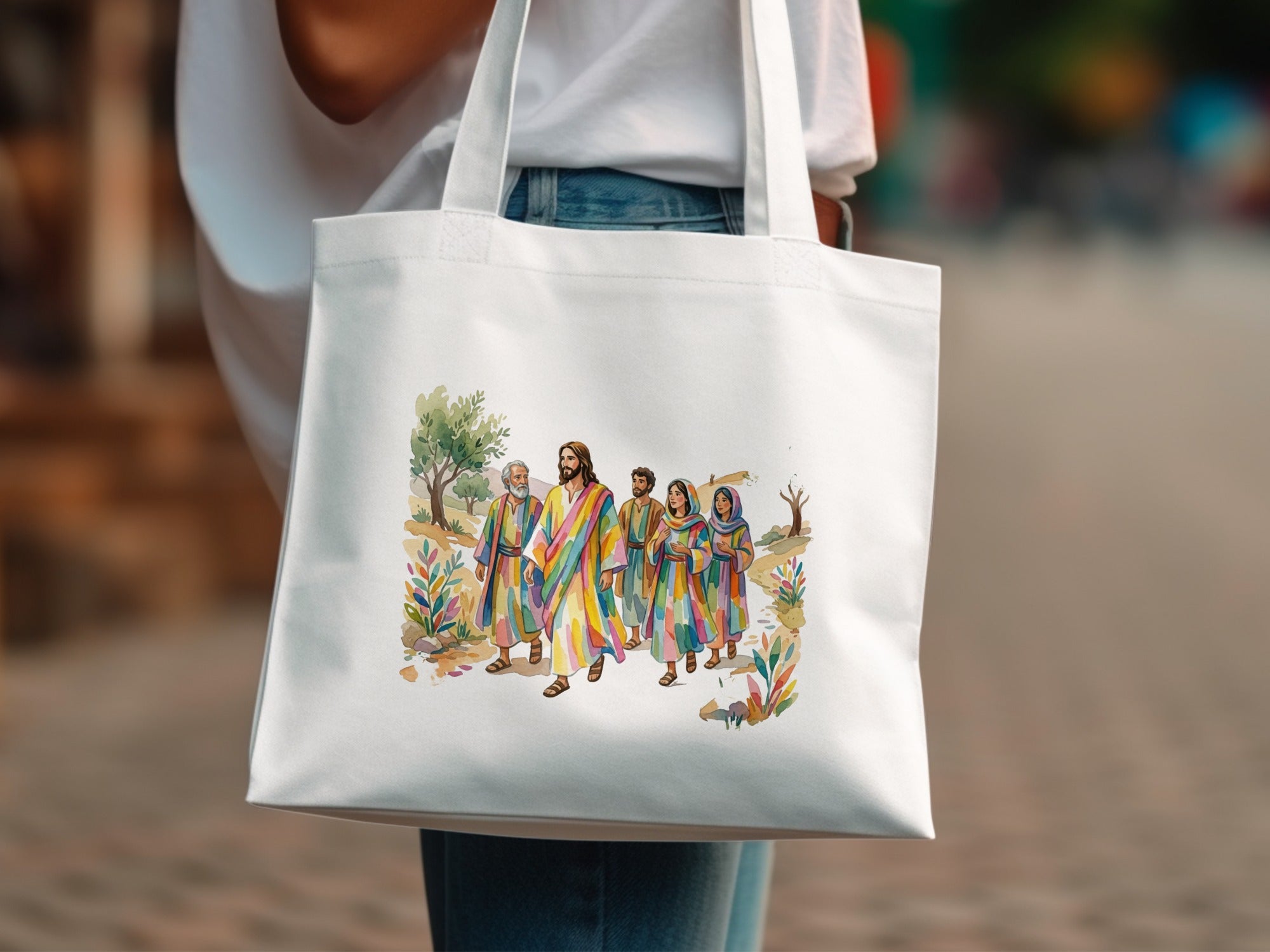 Jesus walks with four women through a colorful, pastoral landscape.