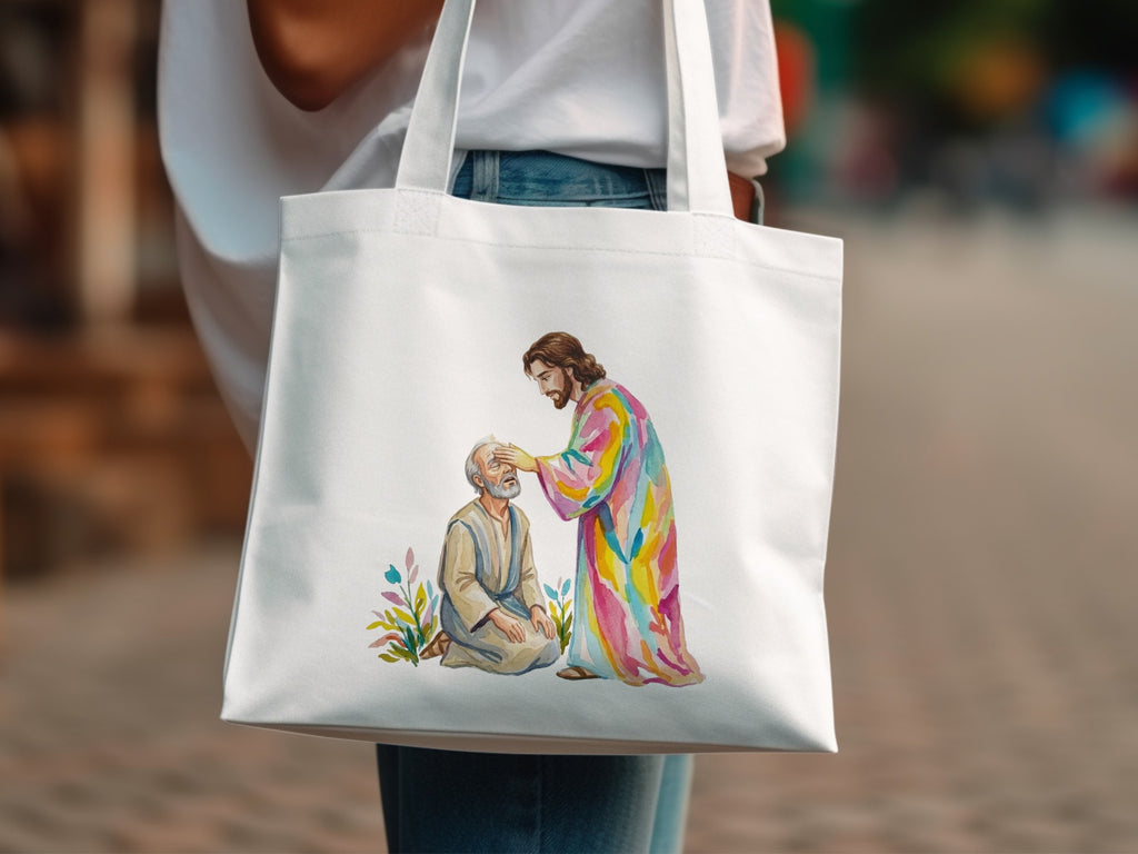 Jesus healing a man on a colorful tote bag.