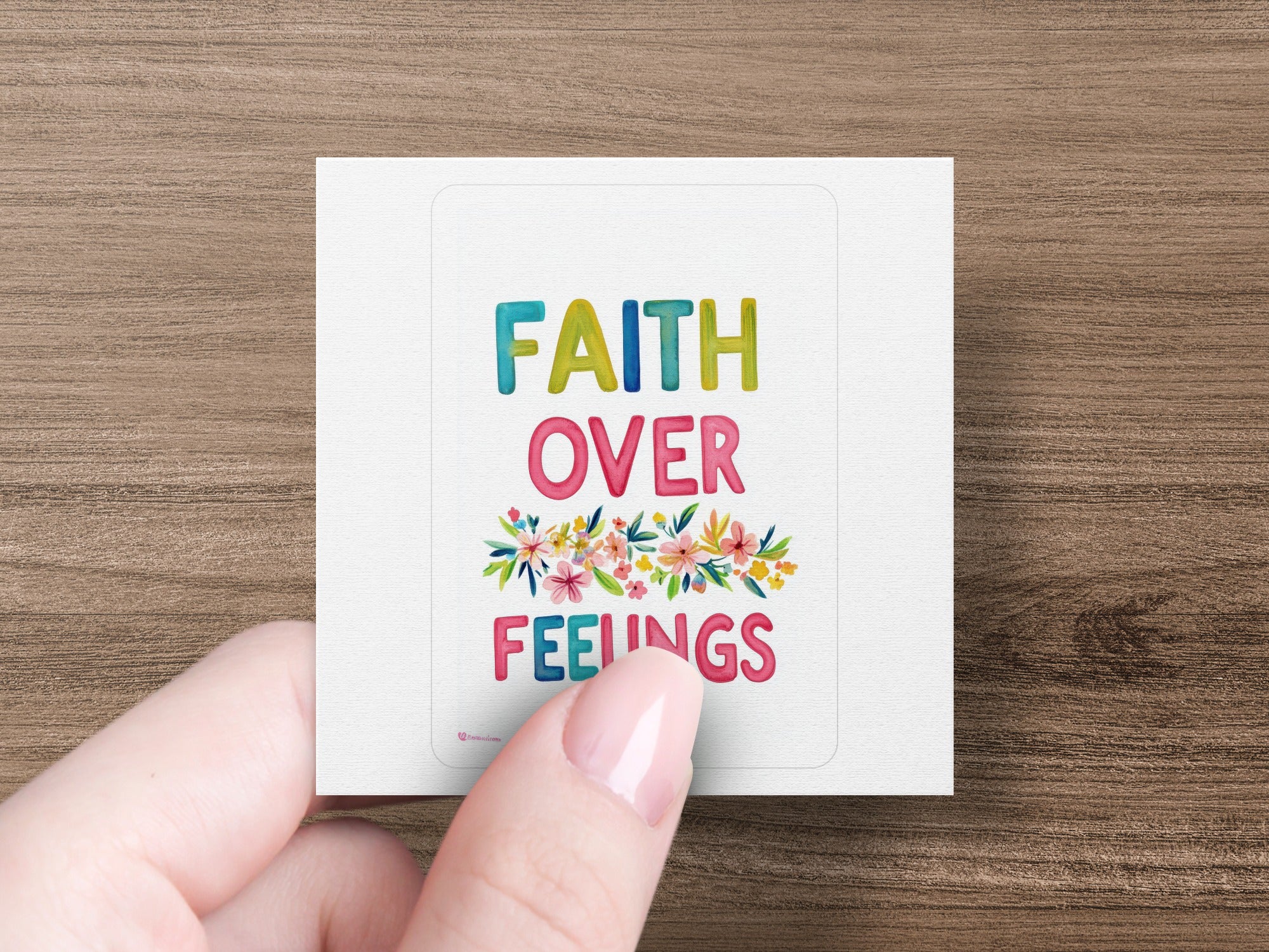 Faith over feelings text with floral accents on a sticker held by a hand.