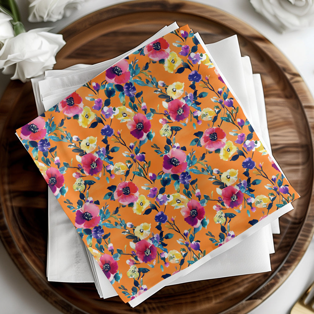 Vibrant Floral Print on Bright Orange Background Napkin