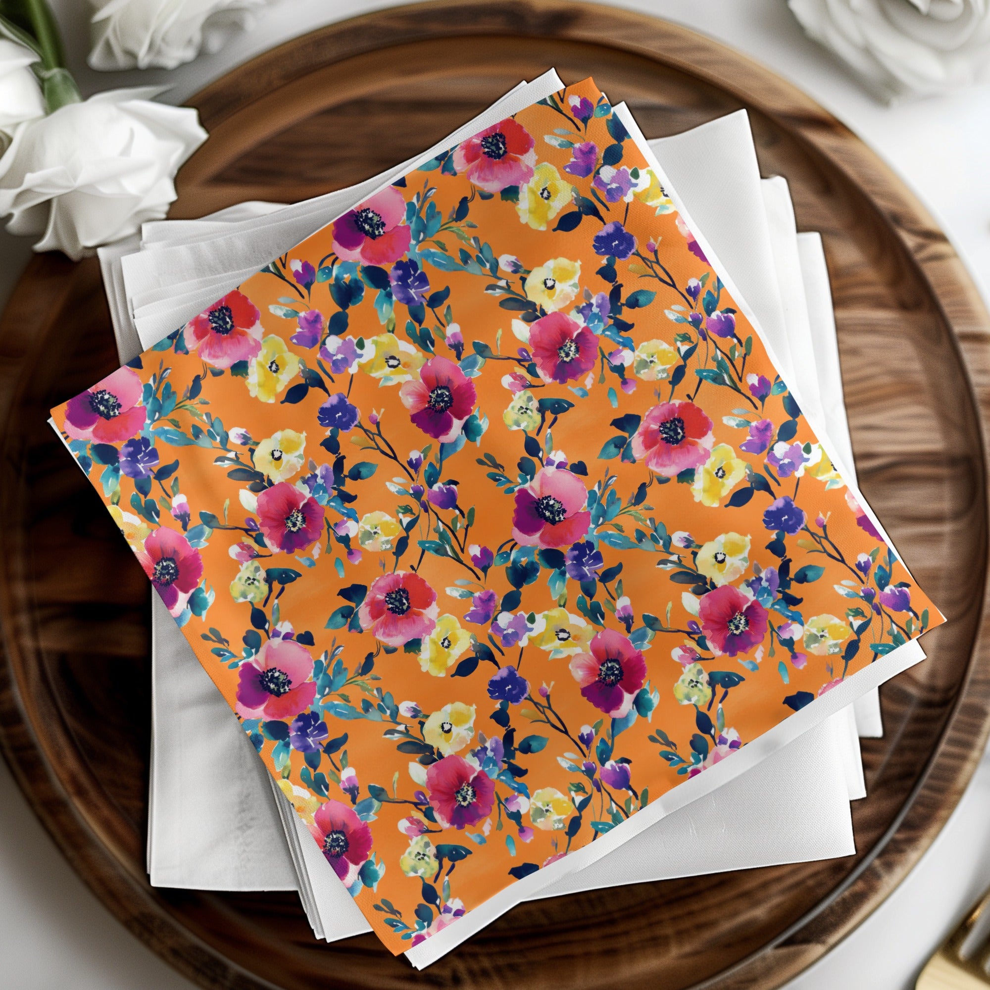 Vibrant Floral Print on Bright Orange Background Napkin