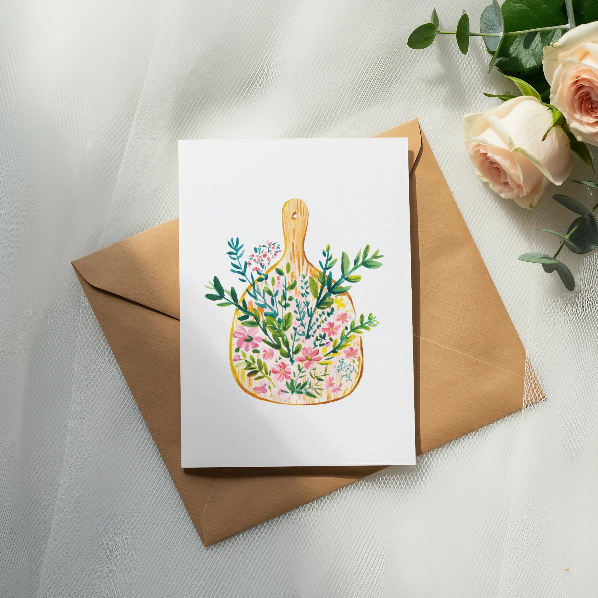 Watercolor illustration of a bouquet of flowers in a wooden cutting board.