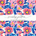 Seamless pattern with pink and blue flowers and green leaves.