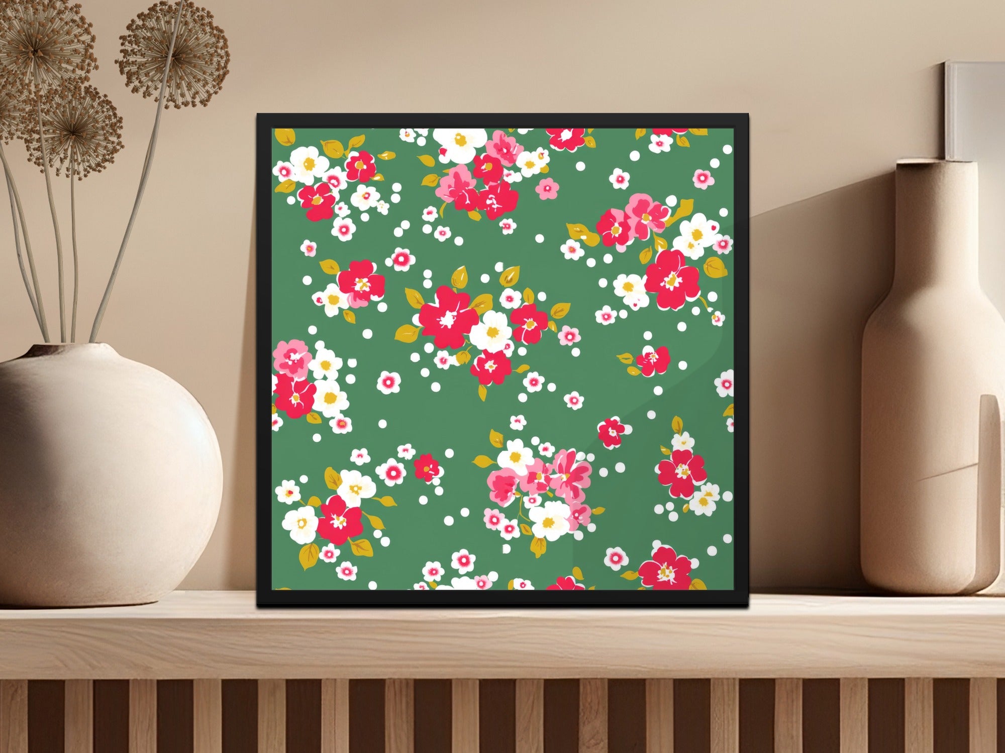Vibrant Floral Green Background with Red Flowers Poster