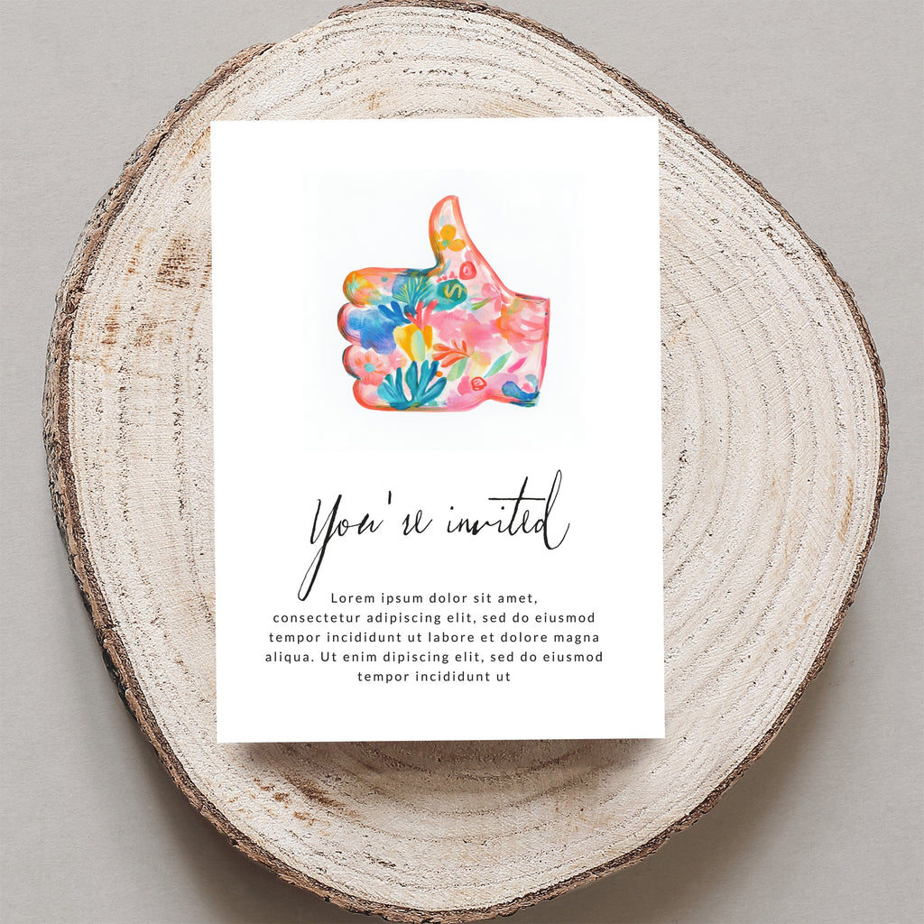 Watercolor floral thumb-up on "You're invited" card with placeholder text.