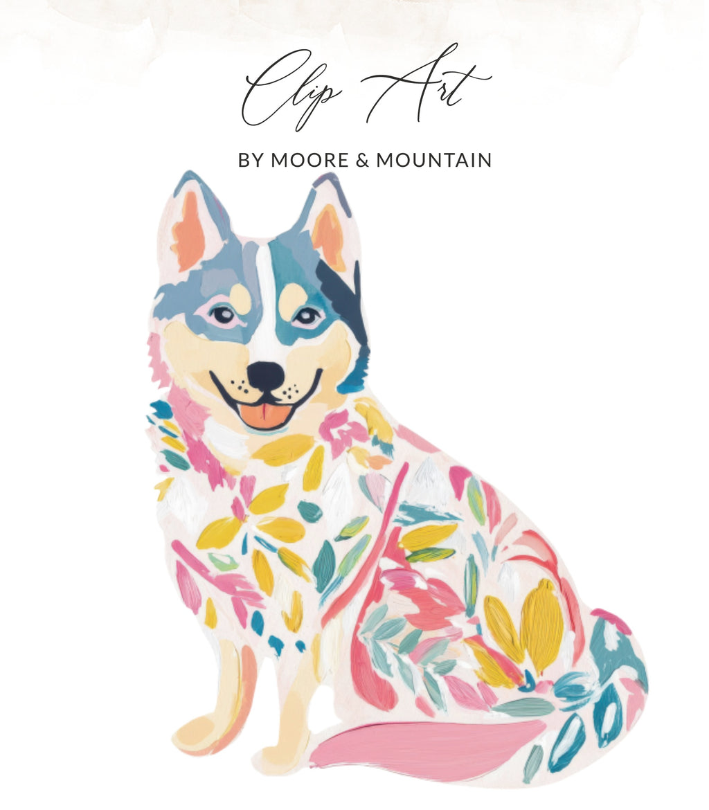 A painted husky with colorful floral patterns sits smiling.