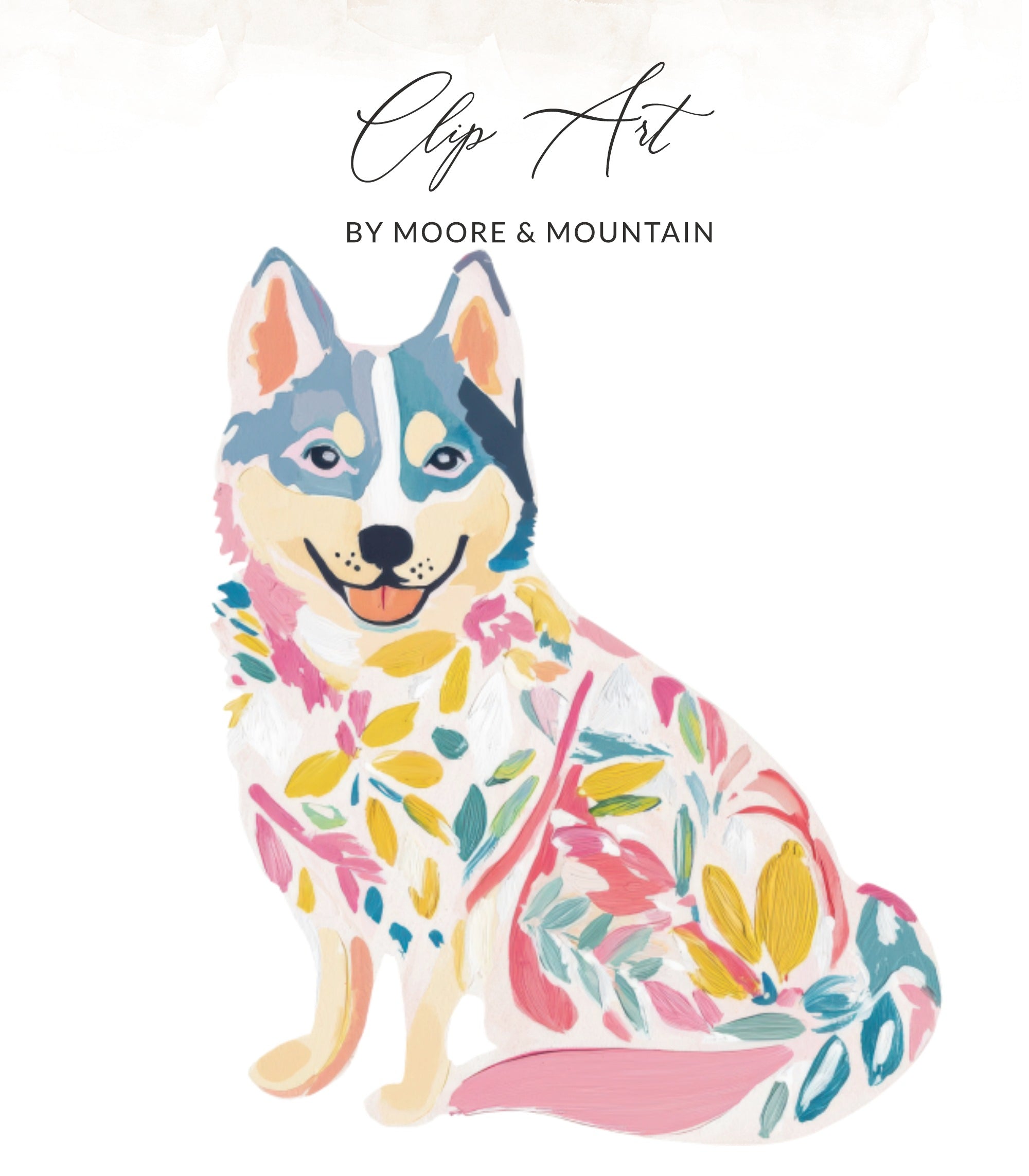 A painted husky with colorful floral patterns sits smiling.