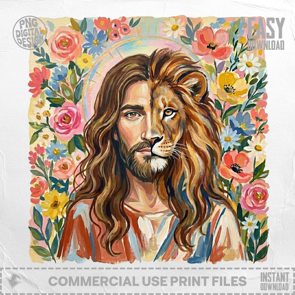 Jesus's face half human, half lion, surrounded by colorful flowers.