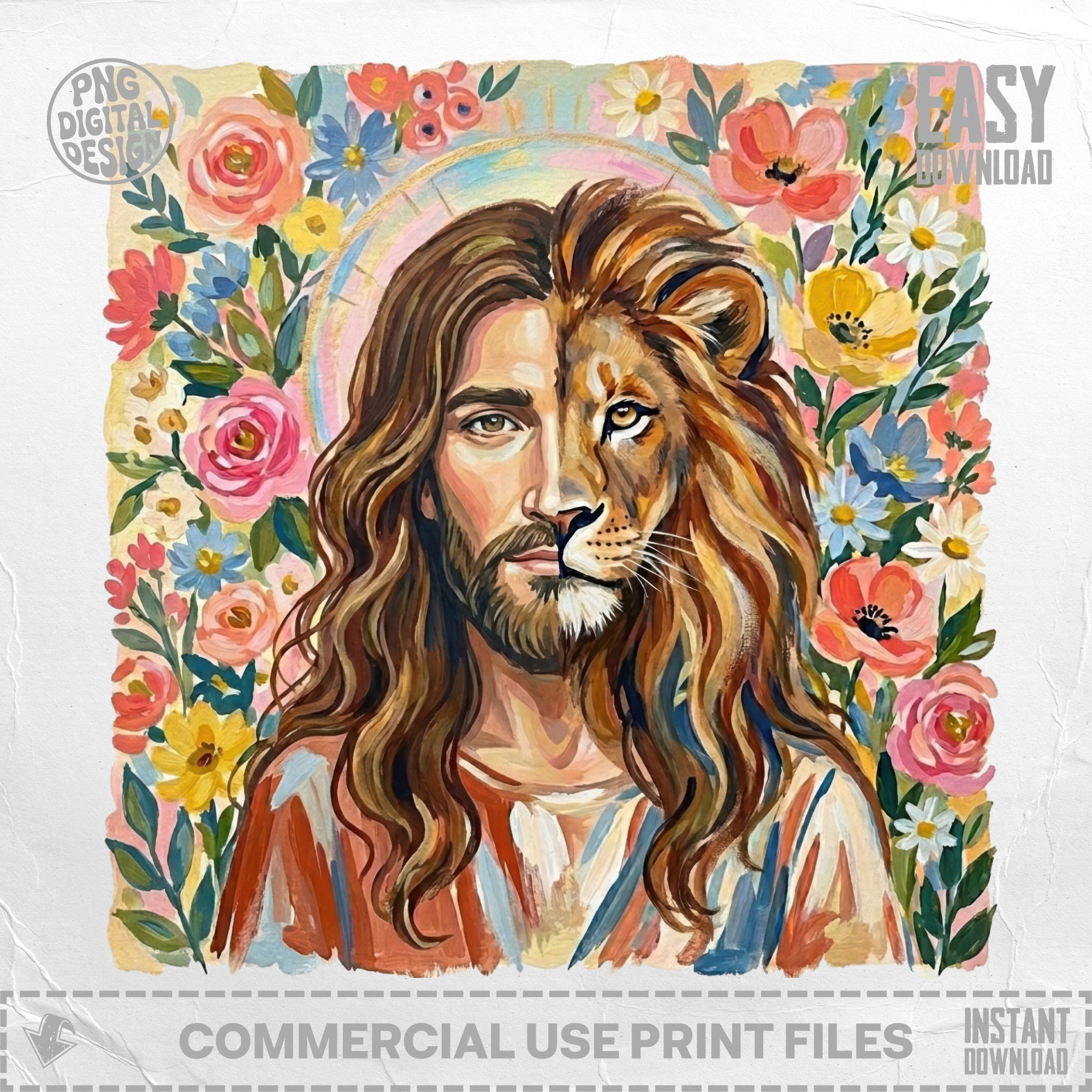 Jesus's face half human, half lion, surrounded by colorful flowers.