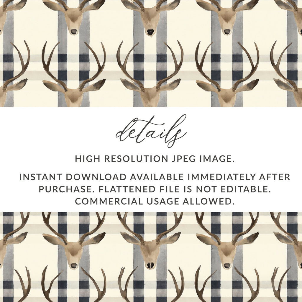 Deer Head Plaid Digital Paper, Seamless Pattern JPEG, Buffalo Check Pattern, Rustic Design, Woodland Pattern, Printable Fabric, Digital - Moore and Mountain