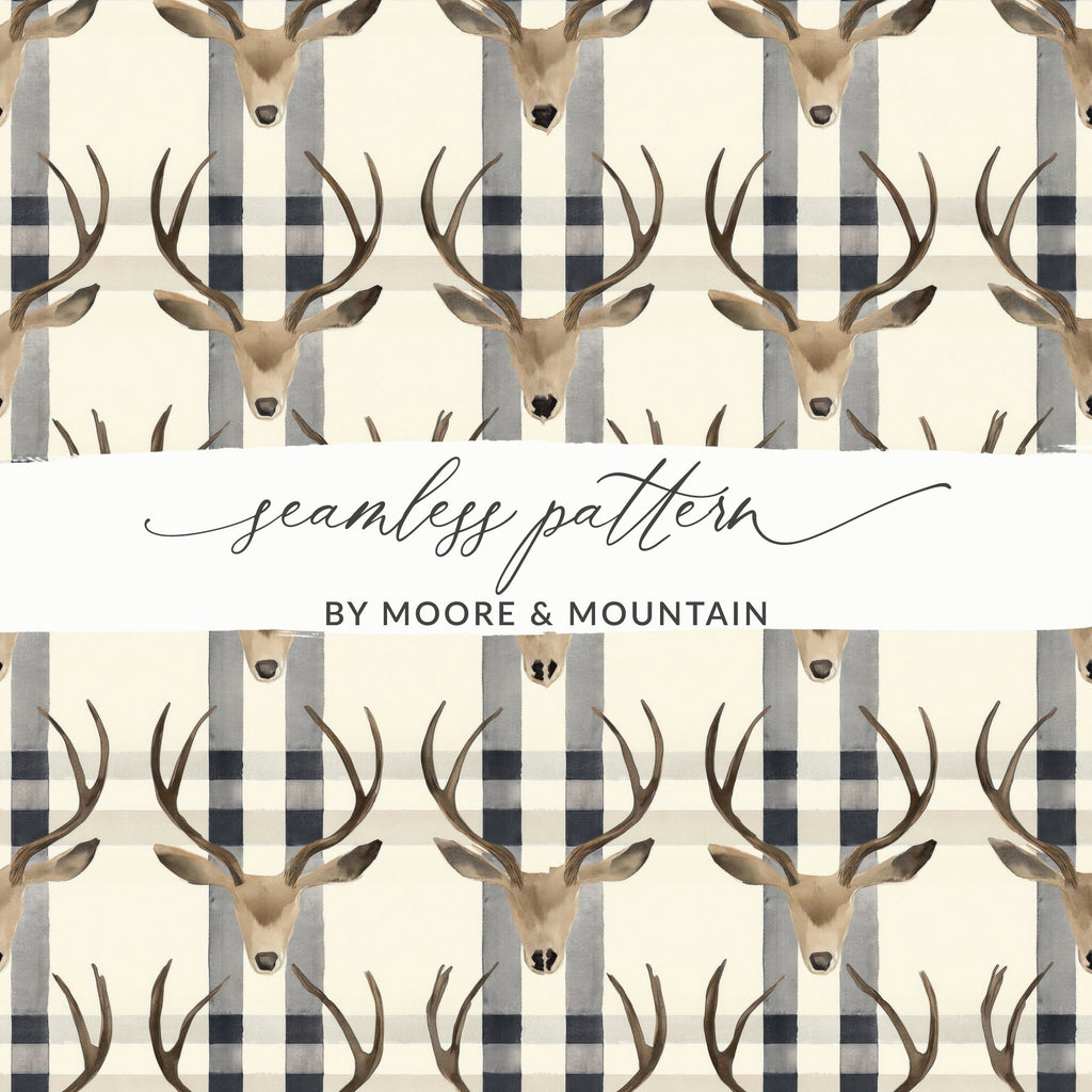 Deer Head Plaid Digital Paper, Seamless Pattern JPEG, Buffalo Check Pattern, Rustic Design, Woodland Pattern, Printable Fabric, Digital - Moore and Mountain