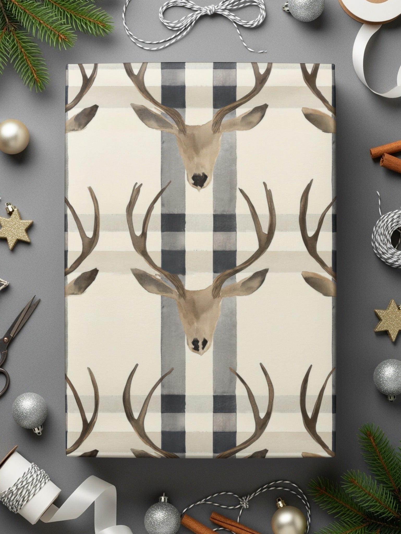 Deer Head Plaid Digital Paper, Seamless Pattern JPEG, Buffalo Check Pattern, Rustic Design, Woodland Pattern, Printable Fabric, Digital - Moore and Mountain