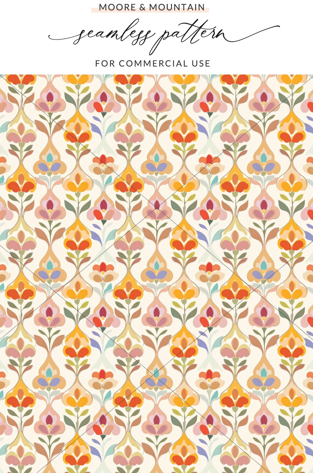 Seamless floral pattern with diamond lattice in warm colors.