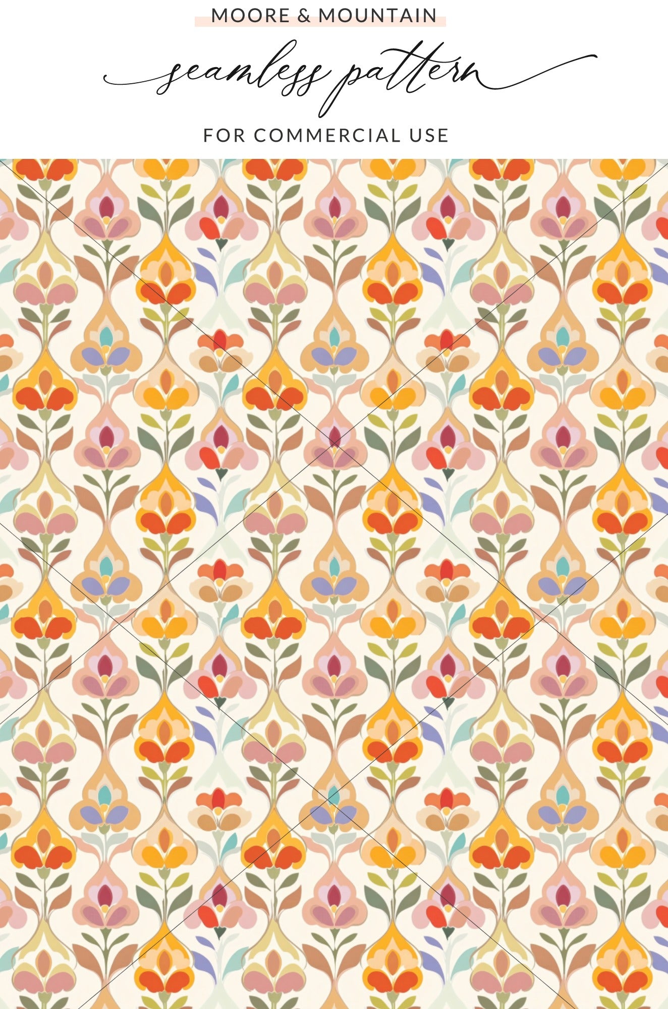 Seamless floral pattern with diamond lattice in warm colors.