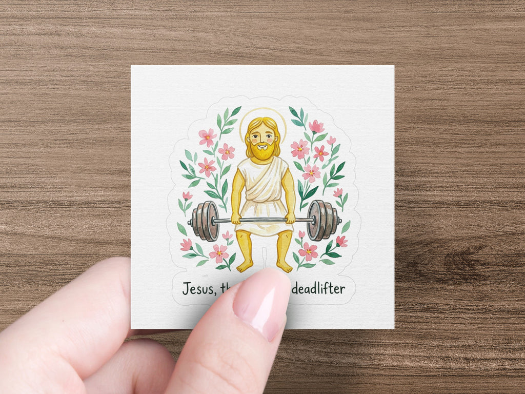 Jesus the deadlifter lifting a barbell surrounded by flowers.