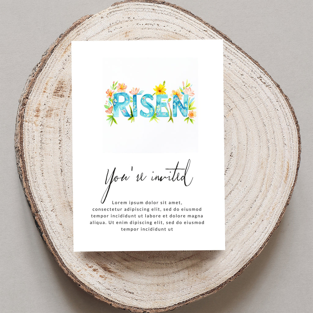 Card with "RISEN" text and "You're invited" invitation text.