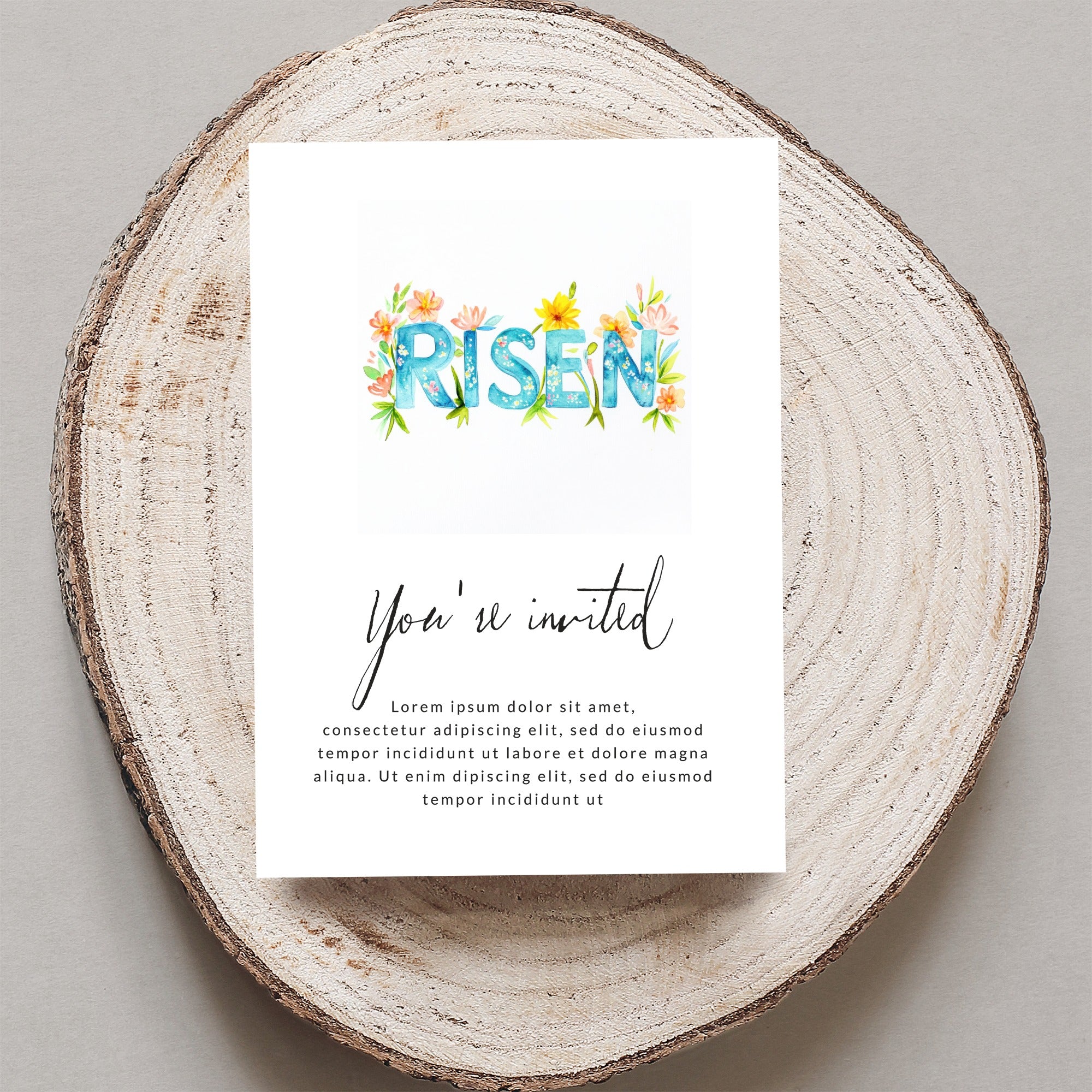 Card with "RISEN" text and "You're invited" invitation text.
